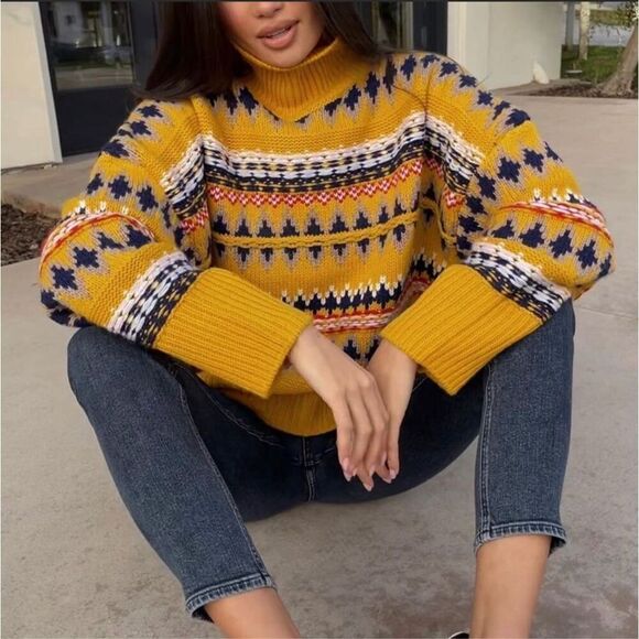 RAG & BONE Wool Willow Fair Isle Turtleneck Yellow Sweater M NWT - Picture 2 of 11